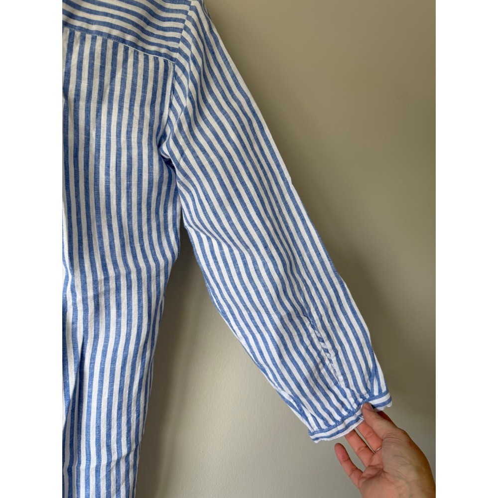 L.L. Bean Linen Tunic Blouse M Blue White Striped Split V-Neck 504808 - Picture 11 of 11
